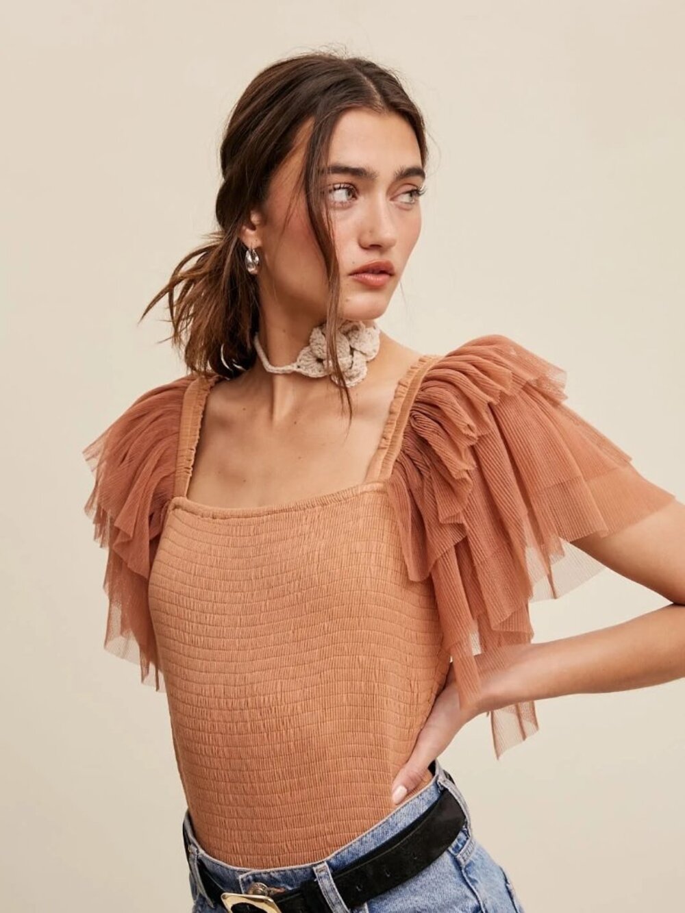Listicle Smocked Tulle Ruffle Sleeve Bodysuit in Butterscotch Brown, Size L